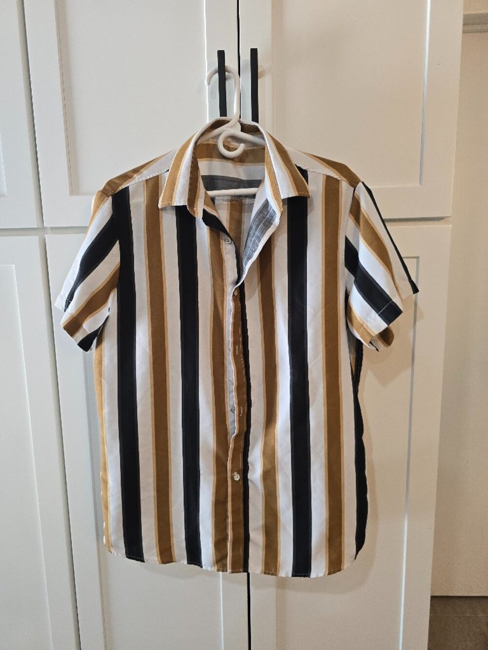 Blouse Button-Up Stripe Office Casual Sz Large Polyester Short Sleeve
